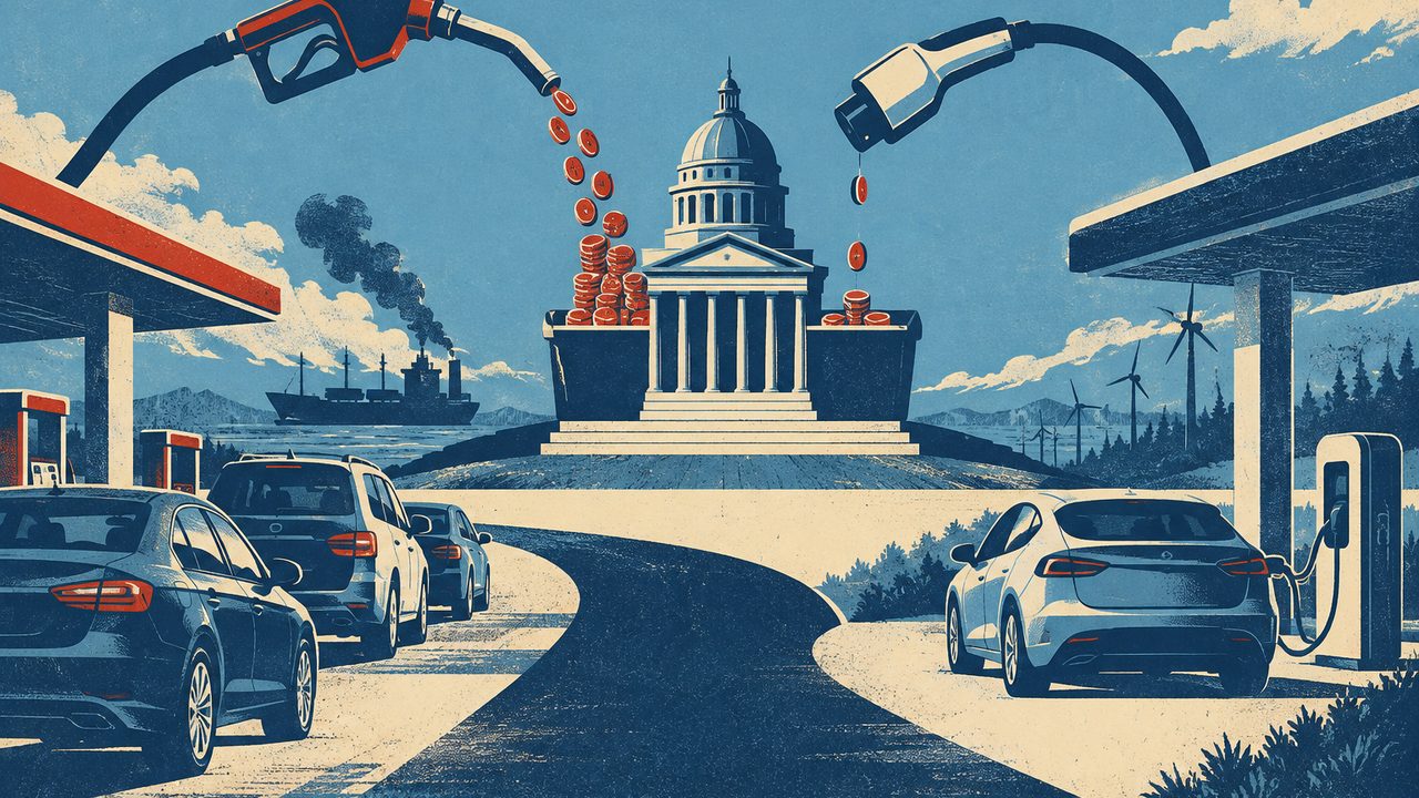 Плакатная иллюстрация в четырёх цветах: здание казны с колоннами, слева бензиновый пистолет сыплет в неё монеты, справа зарядный штепсель роняет одну; у АЗС очередь машин, у зарядки — электромобиль, на горизонте корабль и ветряки.