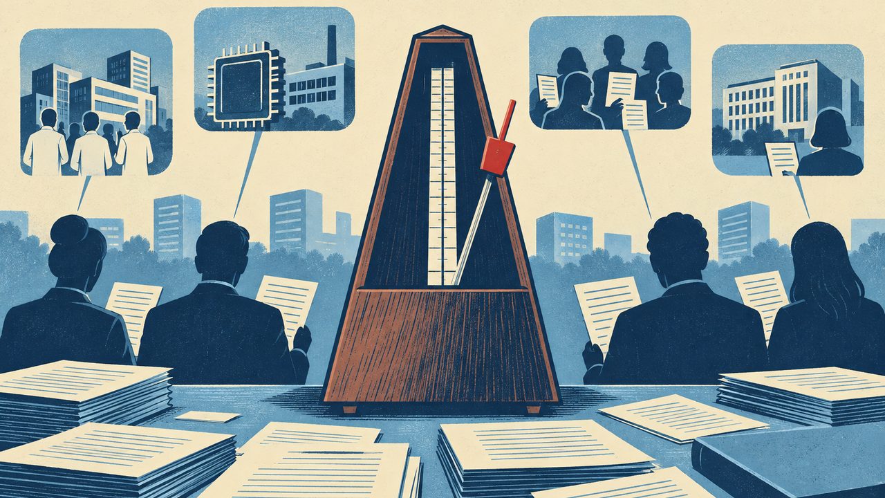 Старый деревянный метроном с красным маятниковым грузиком стоит посреди стола, заваленного стопками документов с линиями вместо строк; по обе стороны от него сидят спиной к зрителю четыре фигуры с листами в руках, а над ними в четырёх врезках-«облаках» показаны стороны спора — люди в халатах у корпусов лаборатории, микросхема рядом с заводской трубой, группа людей с листами и здание-учреждение с фигурой у входа; на дальнем плане — плоские силуэты городских башен и деревьев.