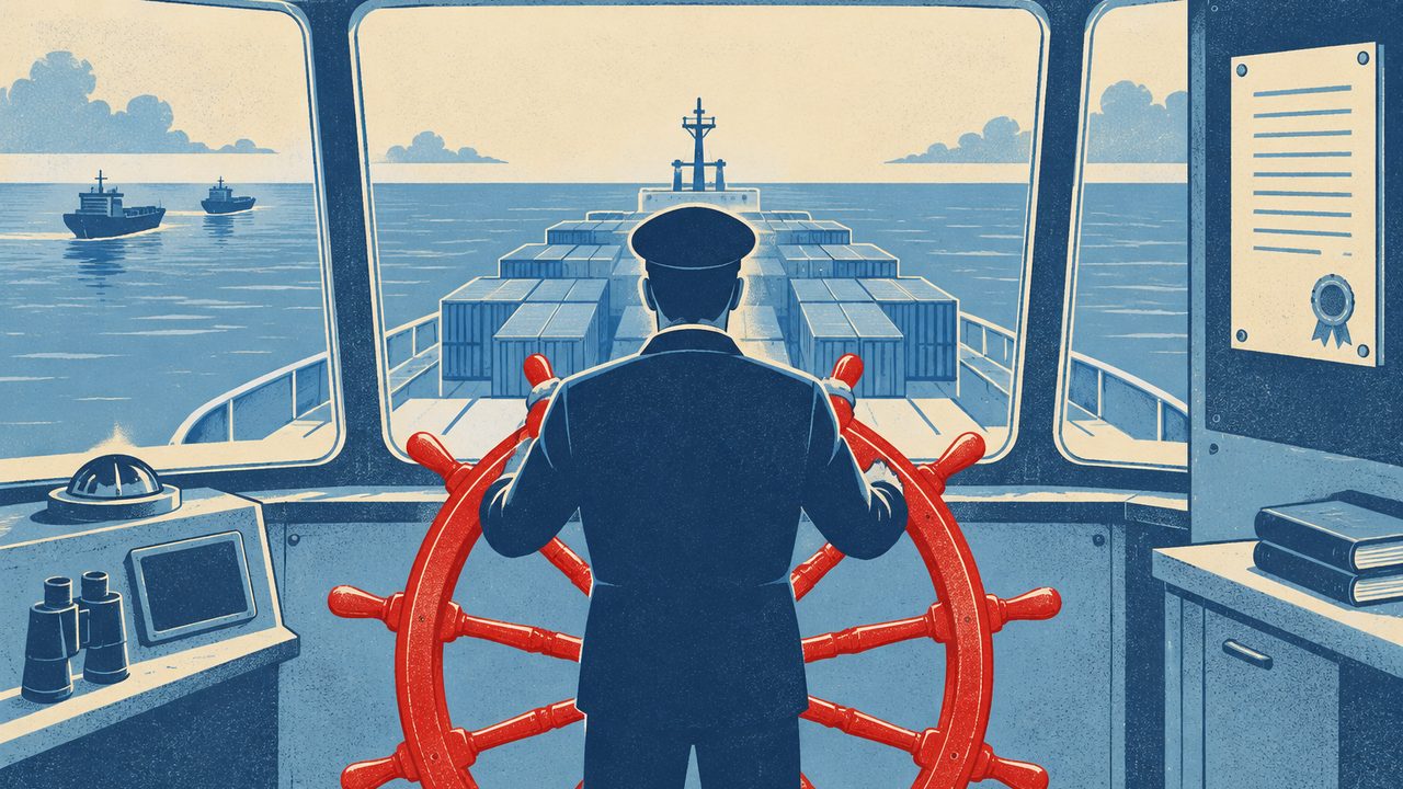 Ретро-плакат: в рубке контейнеровоза, идущего по спокойному морю, у большого красного штурвала стоит спиной к зрителю рулевой в форме, а на стене рядом висит нетронутый документ о собственности с печатью.