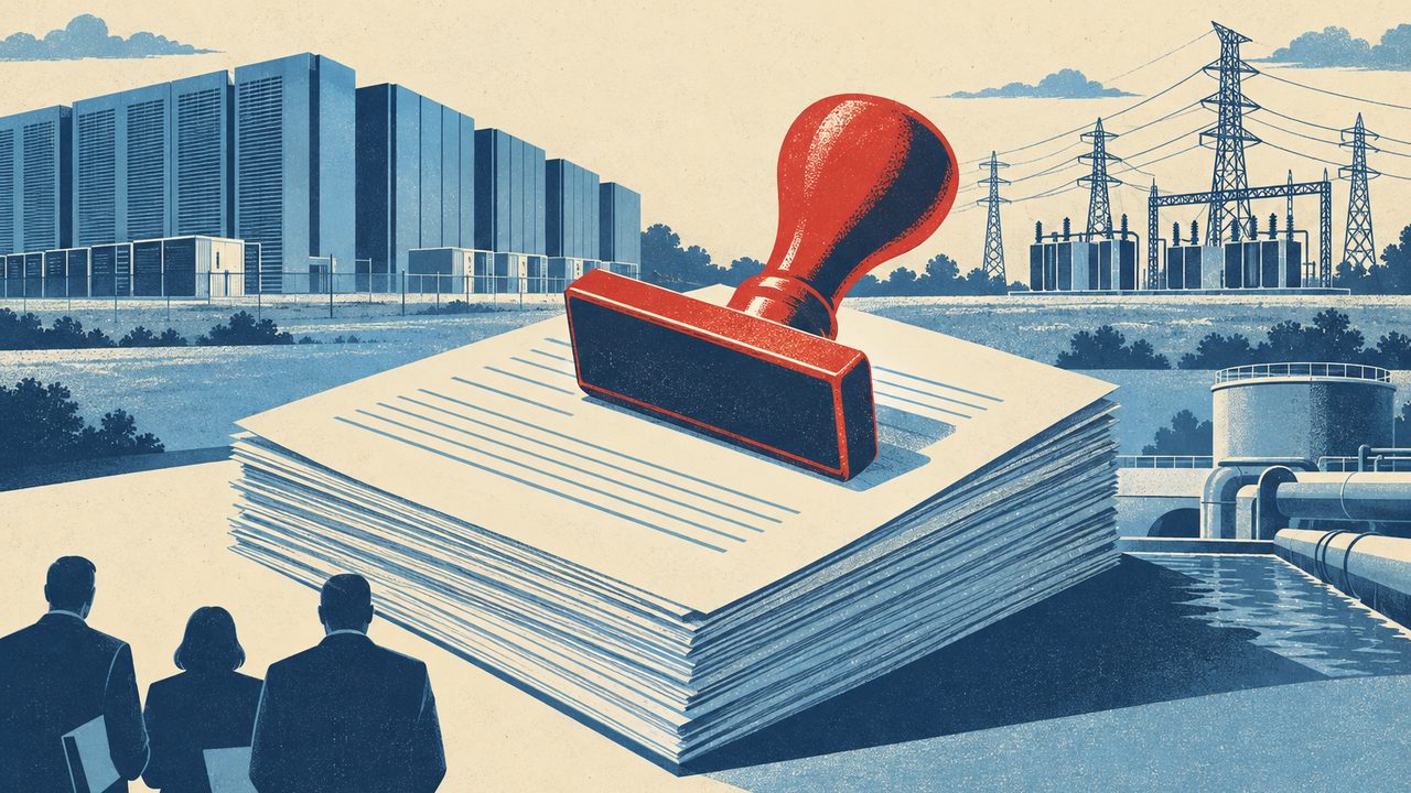 Ретро-плакат: большой красный канцелярский штамп лежит, не опущенный, на толстой стопке разрешительных документов, а позади — длинные корпуса без окон, опоры линии электропередачи, трансформаторная подстанция, бассейн с трубами и силуэты людей с бумагами.