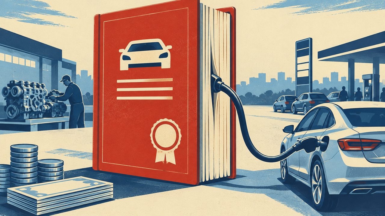 Ретро-плакат: толстая красная книга-правило с изображением автомобиля на обложке, из её страниц выходит топливный шланг и тянется к пистолету, вставленному в бак новой машины; вокруг — автомобильные двигатели на стеллаже, стопки монет и пачка купюр, заправка с очередью машин.