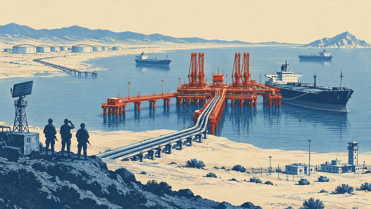 Ретро-плакат: трубопровод через пустыню выходит к морю и заканчивается красным причалом нефтеналивного терминала, у которого стоит танкер, а с холма на переднем плане за терминалом наблюдают силуэты солдат рядом с радаром.