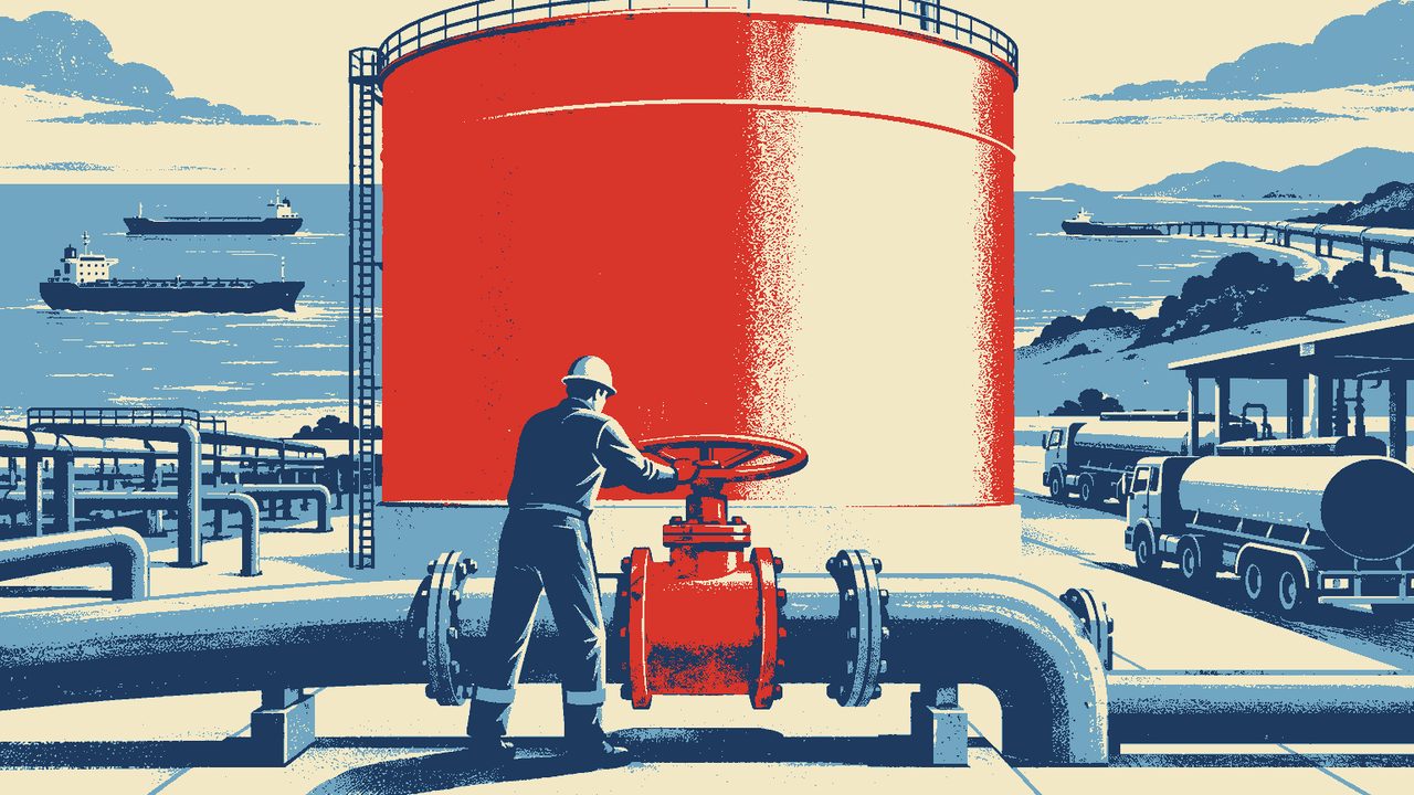 Ретро-плакат: в центре большой красный резервуар нефти, рабочий со спины открывает красную задвижку на трубе у его основания, слева в море идут танкеры, справа вдоль берега тянется трубопровод, а у навеса заправки стоят бензовозы.